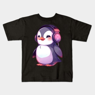 Happy Penguin With Headphones Kids T-Shirt